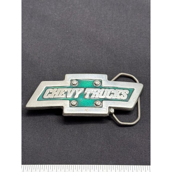 Vintage 1992 Chevy Trucks Belt Buckle Silver & Green Made In Mexico - Picture 1 of 7
